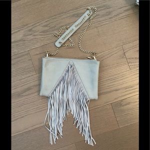 Grey and gold shoulder bag with fringes